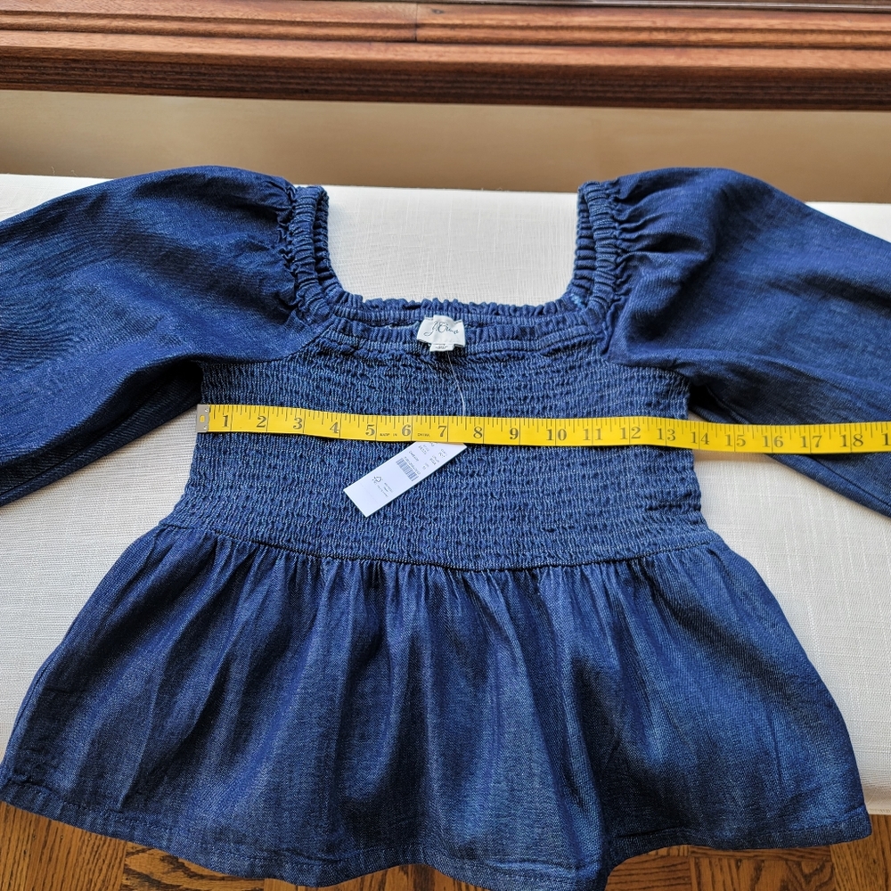 New! J. Crew sz Medium M Denim Chambray Smocked Puff Long Sleeve Top NWT - Picture 6 of 13